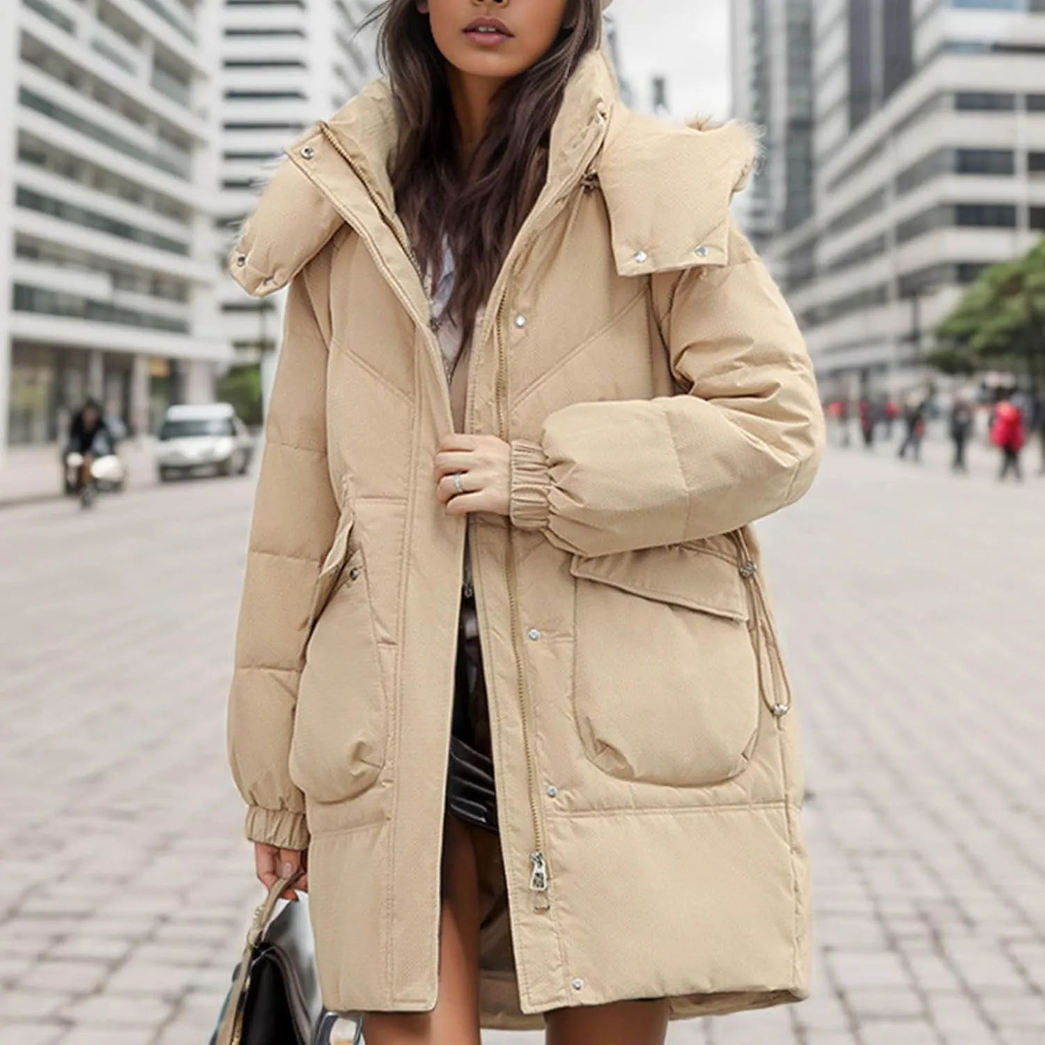 Women's Warm Winter Cotton Padded Down Coat Quilted Thicken Puffer Jacket Zipper Pockets Outwear with Removable Hood