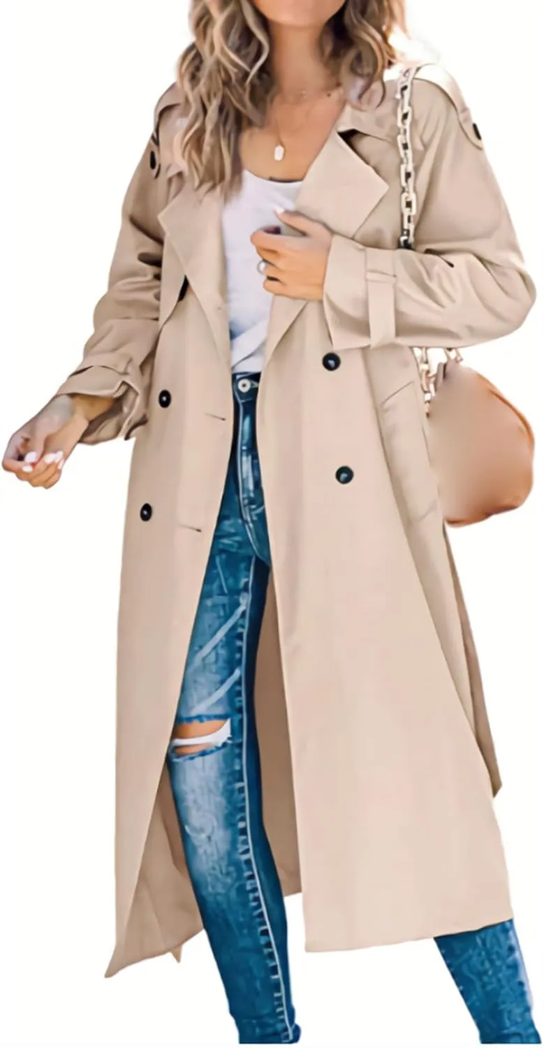 Women's Windproof Trench Coat Notched Lapel Double Breasted Long Overcoat Casual Fall Winter Windbreaker Outerwear
