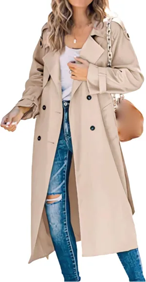 Women's Windproof Trench Coat Notched Lapel Double Breasted Long Overcoat Casual Fall Winter Windbreaker Outerwear