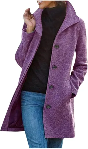Women's Wool Blend Jackets Stand Collar Single Breasted Pea Coat Winter Fall Casual Business Long Trench Coat Outwear