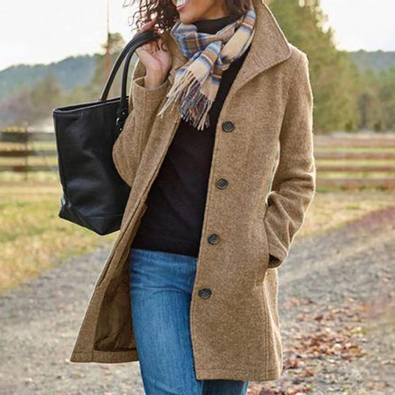 Women's Wool Blend Jackets Stand Collar Single Breasted Pea Coat Winter Fall Casual Business Long Trench Coat Outwear
