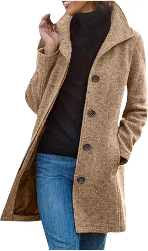 Women's Wool Blend Jackets Stand Collar Single Breasted Pea Coat Winter Fall Casual Business Long Trench Coat Outwear