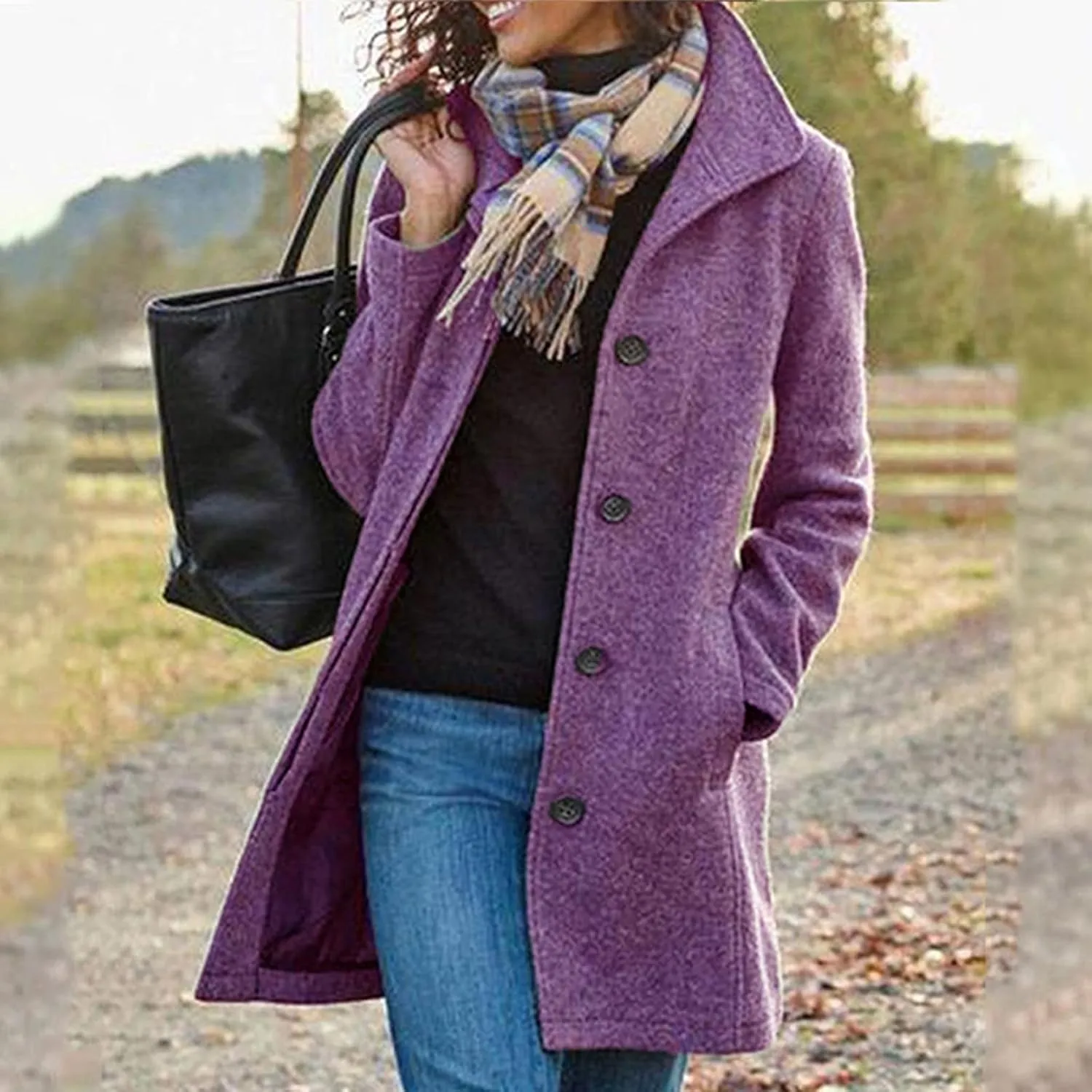 Women's Wool Blend Jackets Stand Collar Single Breasted Pea Coat Winter Fall Casual Business Long Trench Coat Outwear