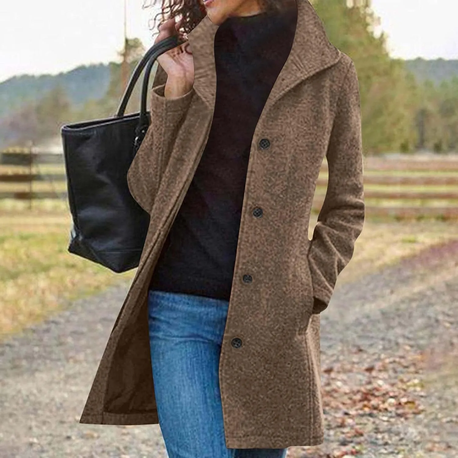 Wool Peacoats for Women 2024 Casual Single Breasted Mid-Length Jackets Coat Fall Winter Lapel Neck Windbreaker Trench Coats