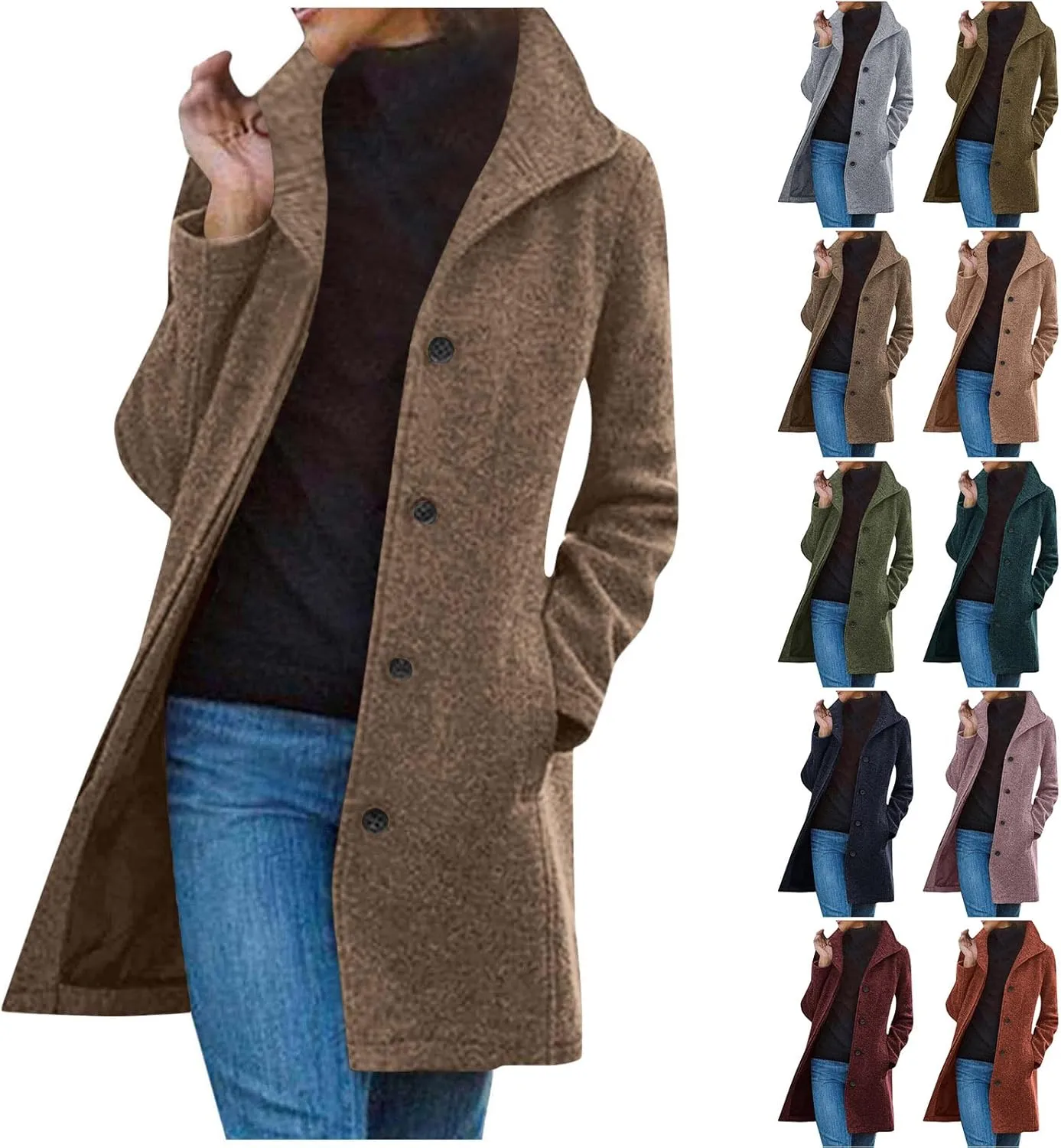 Wool Peacoats for Women 2024 Casual Single Breasted Mid-Length Jackets Coat Fall Winter Lapel Neck Windbreaker Trench Coats