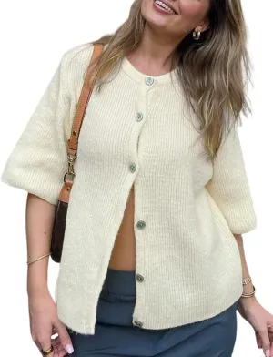 Wyeysyt Womens Cropped Knitted Cardigan Y2K Short Sleeve Button Down Sweater Cardigan Shirt Casual Solid Color Ribbed Outwear