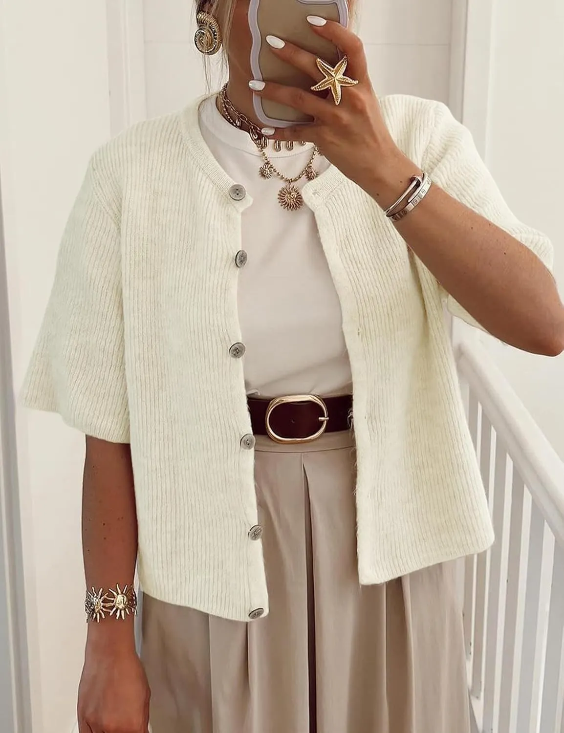 Wyeysyt Womens Cropped Knitted Cardigan Y2K Short Sleeve Button Down Sweater Cardigan Shirt Casual Solid Color Ribbed Outwear