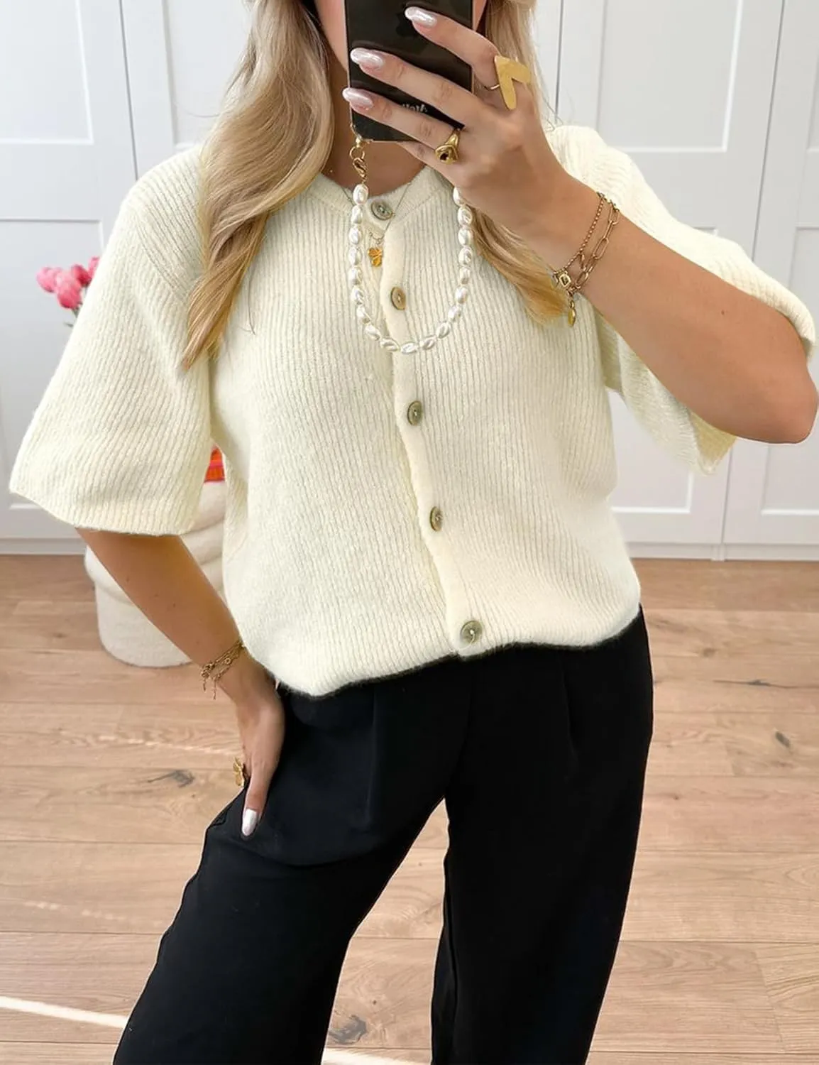 Wyeysyt Womens Cropped Knitted Cardigan Y2K Short Sleeve Button Down Sweater Cardigan Shirt Casual Solid Color Ribbed Outwear