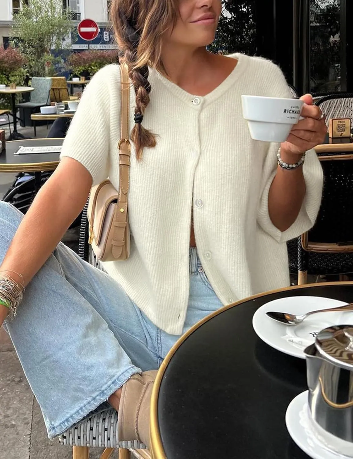 Wyeysyt Womens Cropped Knitted Cardigan Y2K Short Sleeve Button Down Sweater Cardigan Shirt Casual Solid Color Ribbed Outwear