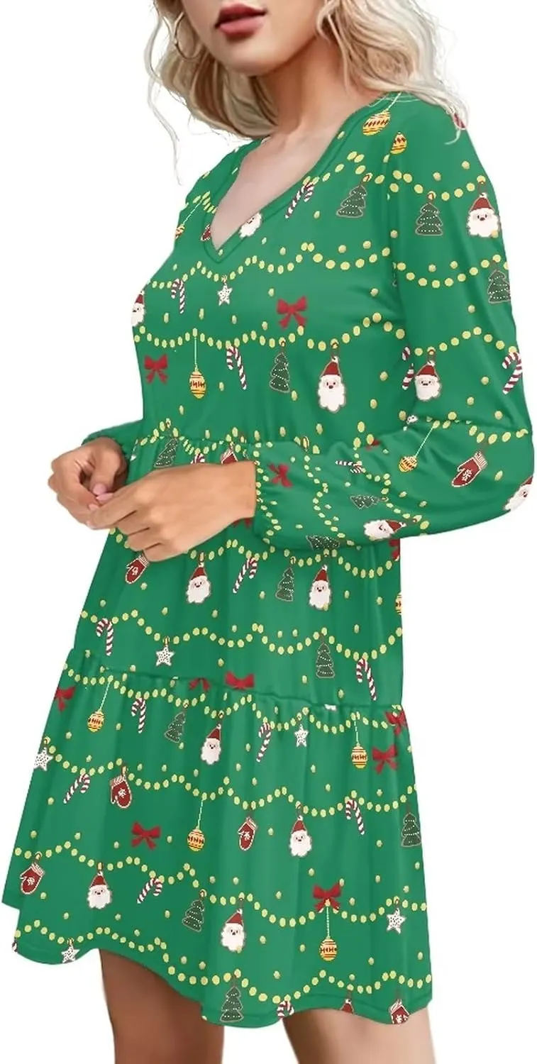 Xhuibop Women Tunic Dress Long Sleeve Flowy Swing Ruffle Dress Plus Size