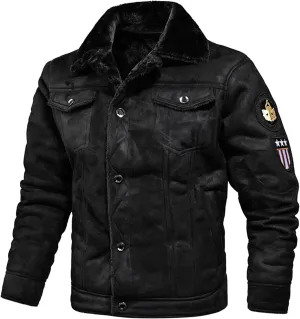 XIAXOGOOL Winter Coat For Men,Bomber Faux Leather Jacket For Men Vintage Turn-Down Collar Sherpa Lining Coat Sport Jackets