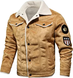XIAXOGOOL Winter Coat For Men,Bomber Faux Leather Jacket For Men Vintage Turn-Down Collar Sherpa Lining Coat Sport Jackets