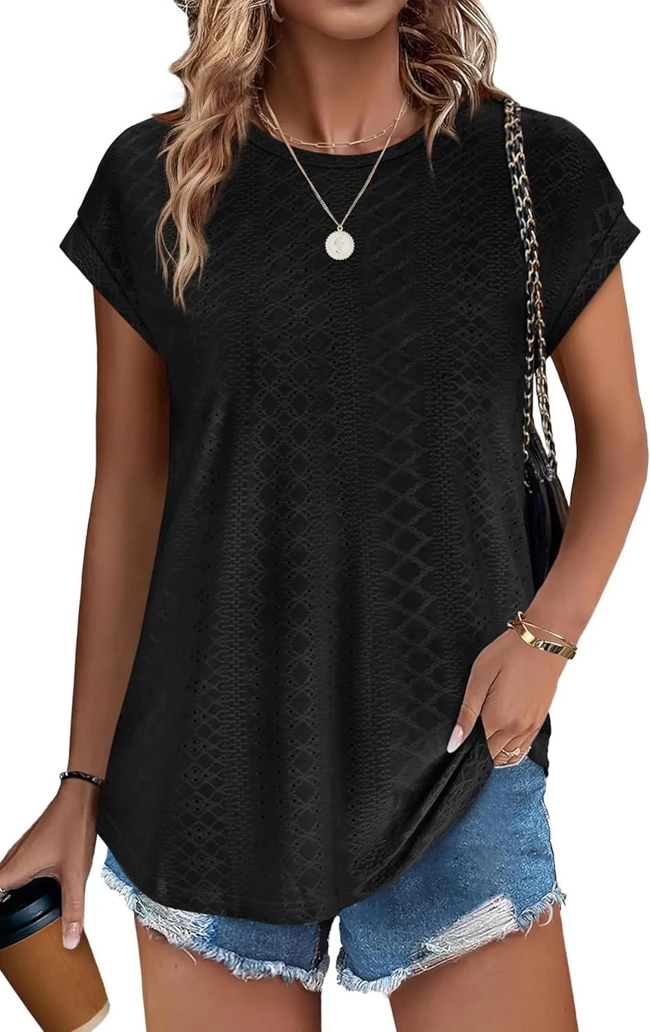 XIEERDUO Womens Tops Short Sleeve Shirts Blouses for Women Dressy Casual Cap Sleeve Tops with Curved Hem