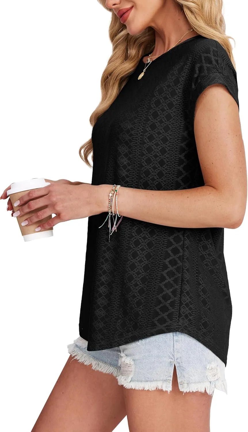 XIEERDUO Womens Tops Short Sleeve Shirts Blouses for Women Dressy Casual Cap Sleeve Tops with Curved Hem