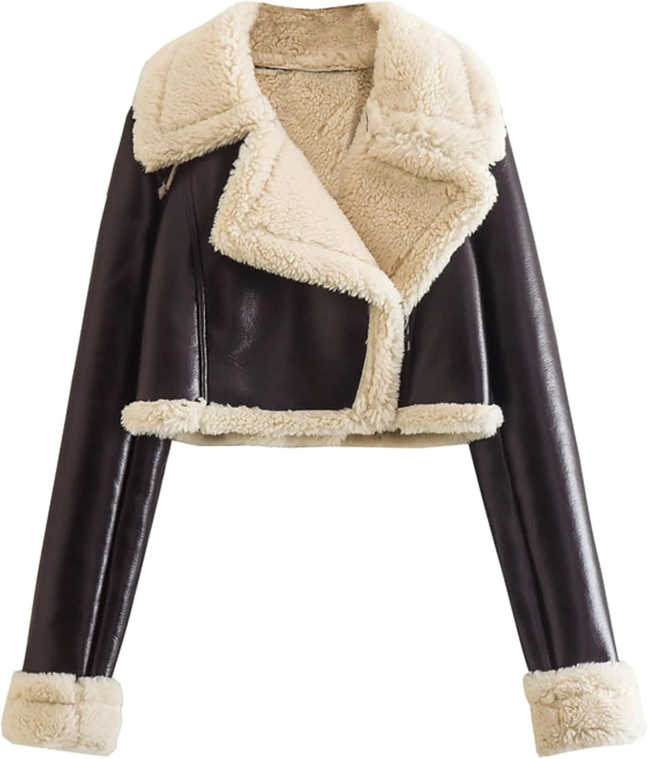 XUNRYAN Faux-Leather Jackets Womens Winter Coat Cropped Sherpa Fleece Jacket 2023 Fashion Clothes Zip Up Moto Coat Outerwear