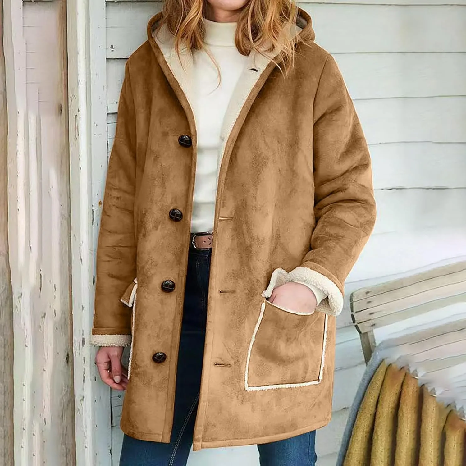 XUNRYAN Womens Fashion Suede Sherpa Fleece Jacket Trench Coats Thicken Winter Warm Sherpa Coat Hooded Peacoat Shearling Parka
