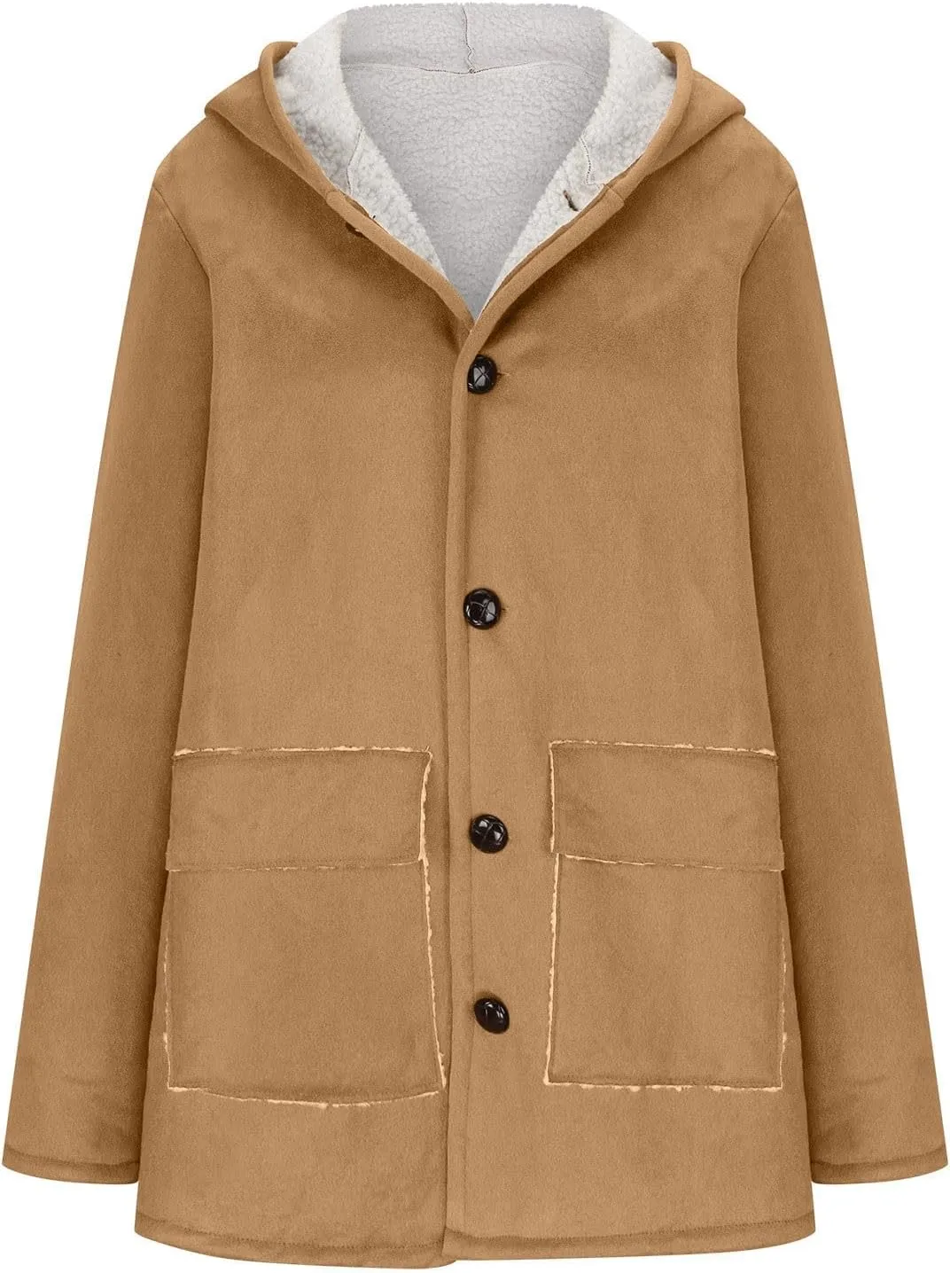 XUNRYAN Womens Fashion Suede Sherpa Fleece Jacket Trench Coats Thicken Winter Warm Sherpa Coat Hooded Peacoat Shearling Parka