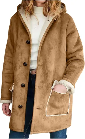 XUNRYAN Womens Fashion Suede Sherpa Fleece Jacket Trench Coats Thicken Winter Warm Sherpa Coat Hooded Peacoat Shearling Parka