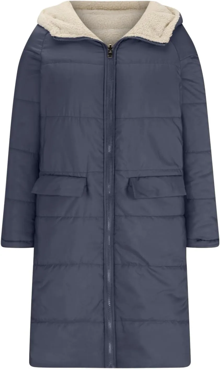 XUNRYAN Womens Sherpa Puffer Jackets Zip Up Long Parka Quilted Lightweight Down Coat Fleece Lined Outdoor Anorak Hood