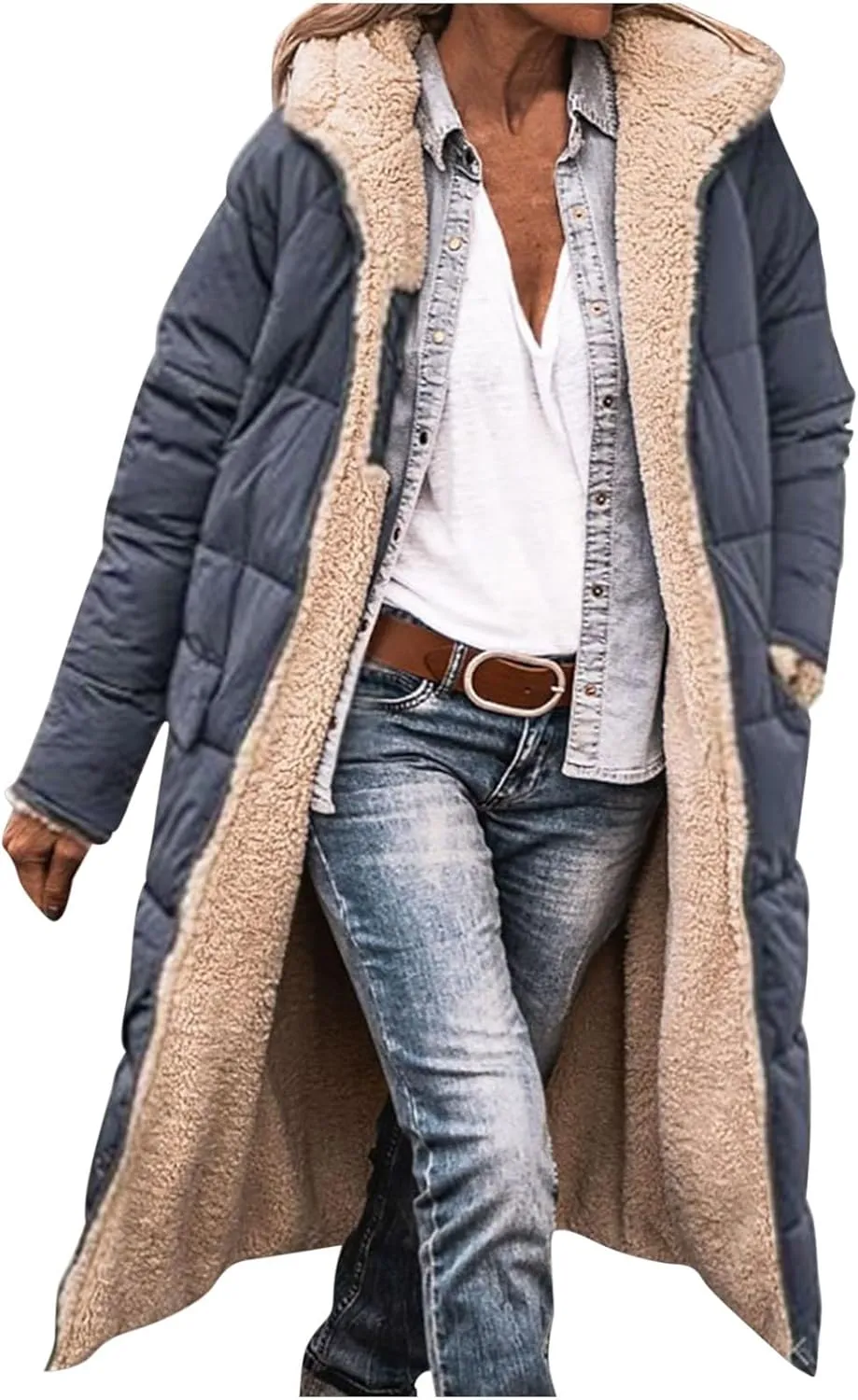 XUNRYAN Womens Sherpa Puffer Jackets Zip Up Long Parka Quilted Lightweight Down Coat Fleece Lined Outdoor Anorak Hood