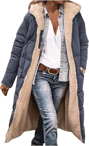 XUNRYAN Womens Sherpa Puffer Jackets Zip Up Long Parka Quilted Lightweight Down Coat Fleece Lined Outdoor Anorak Hood