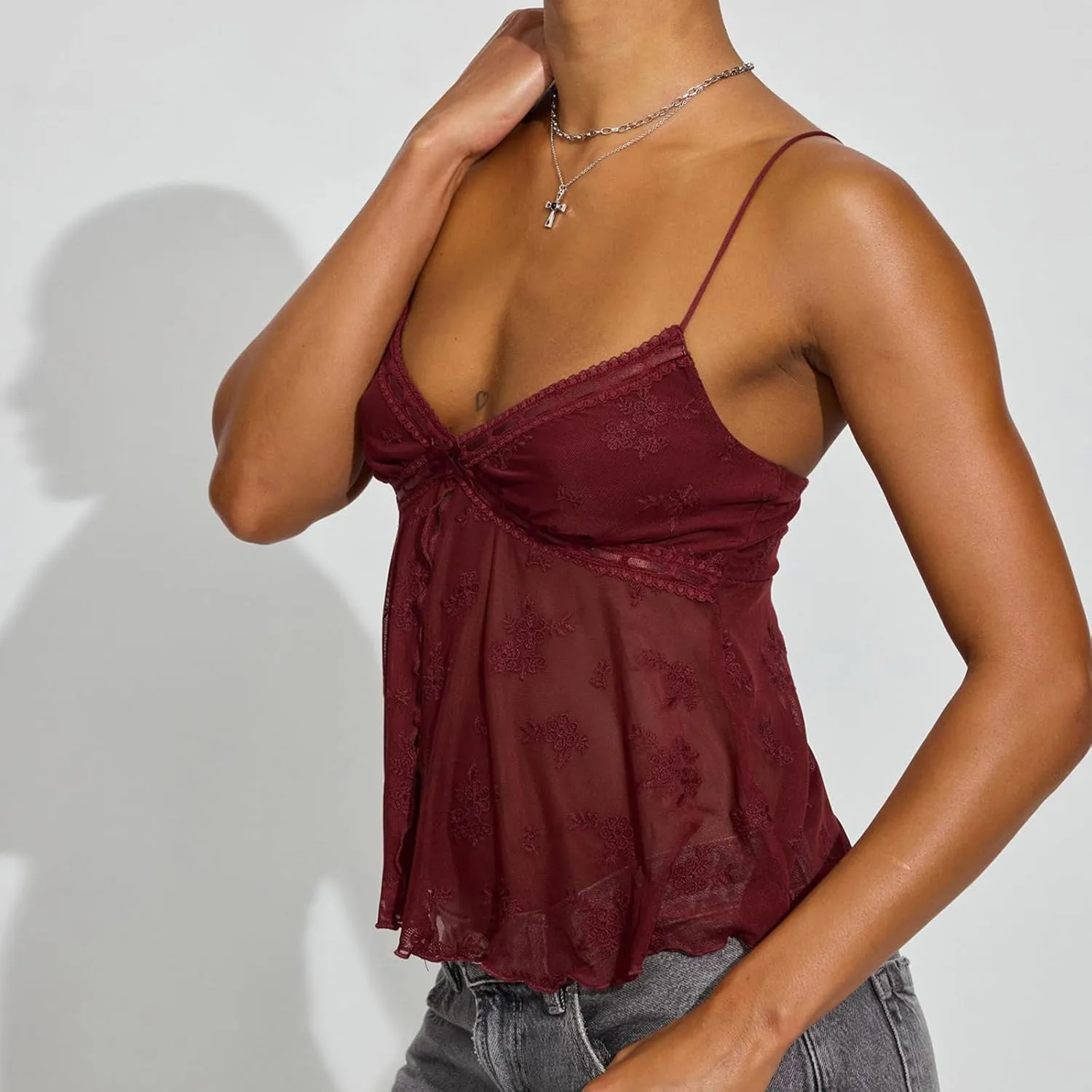 Y2k Crop Tank Top Women Sexy Sleeveless Going Out Camisole Spaghetti Strap Lace Low V Neck Halter Backless Cami