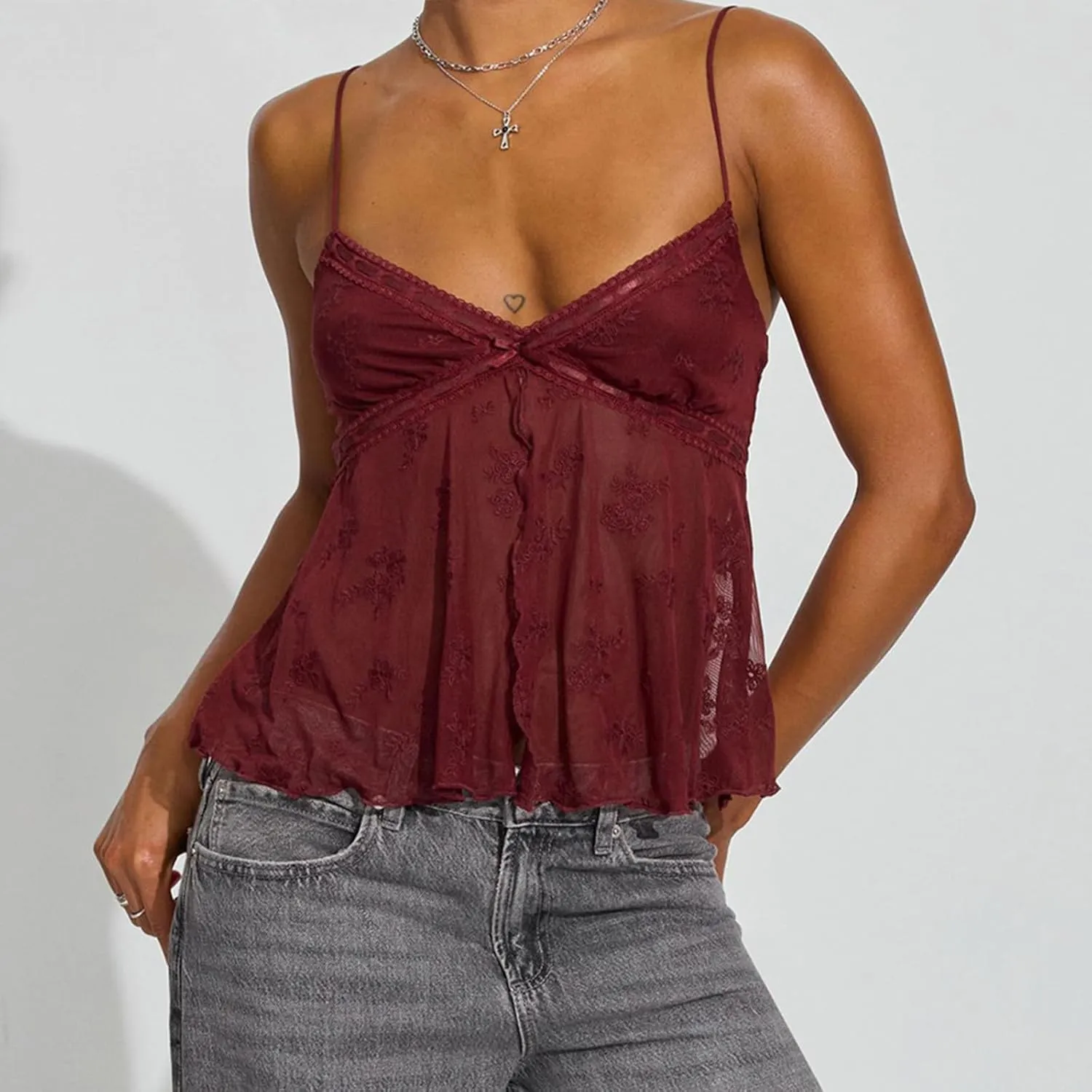 Y2k Crop Tank Top Women Sexy Sleeveless Going Out Camisole Spaghetti Strap Lace Low V Neck Halter Backless Cami