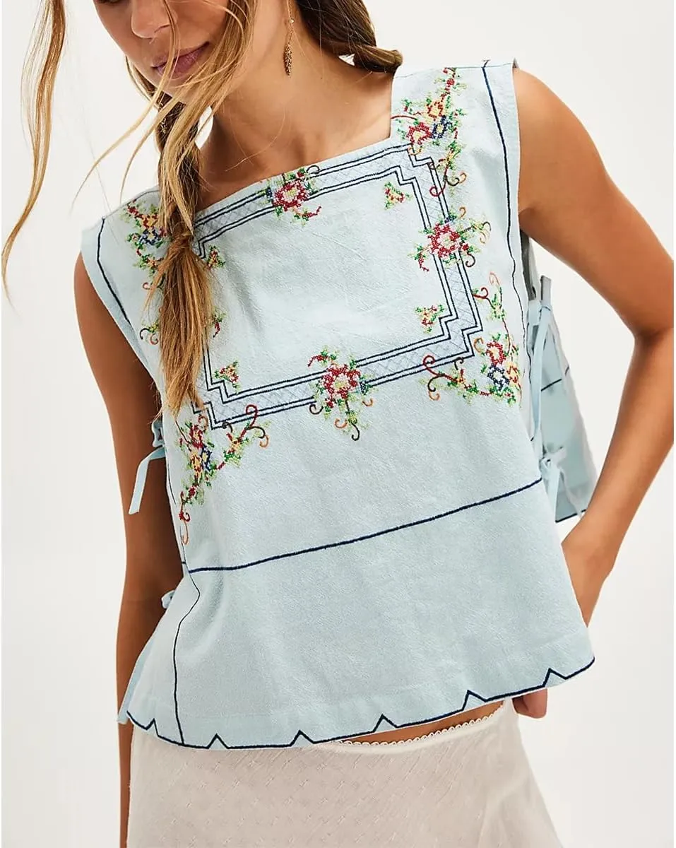 Y2K Tie Front Tank Tops for Women Teen Girl Vintage Embroidery Flower Lace Up Crop Vest Summer Sleeveless Cami Shirt