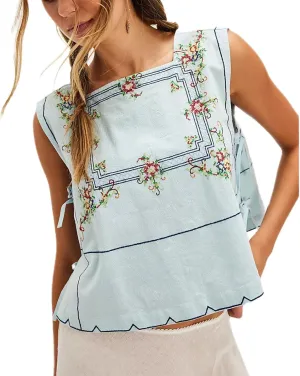 Y2K Tie Front Tank Tops for Women Teen Girl Vintage Embroidery Flower Lace Up Crop Vest Summer Sleeveless Cami Shirt