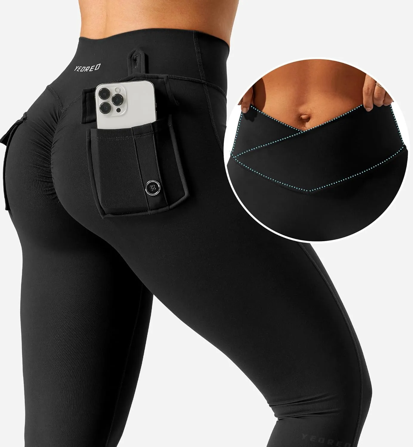 YEOREO CoreFlex Leggings with Pockets for Women Charm Scrunch Workout Leggings V Cross Waist Butt Lifting Gym Yoga Pants