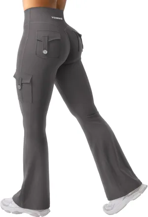 YEOREO CoreFlex Women Workout Flare Leggings with Pockets Hidden Scrunch High Waisted Cargo Gym Yoga No Front Seam Leggings