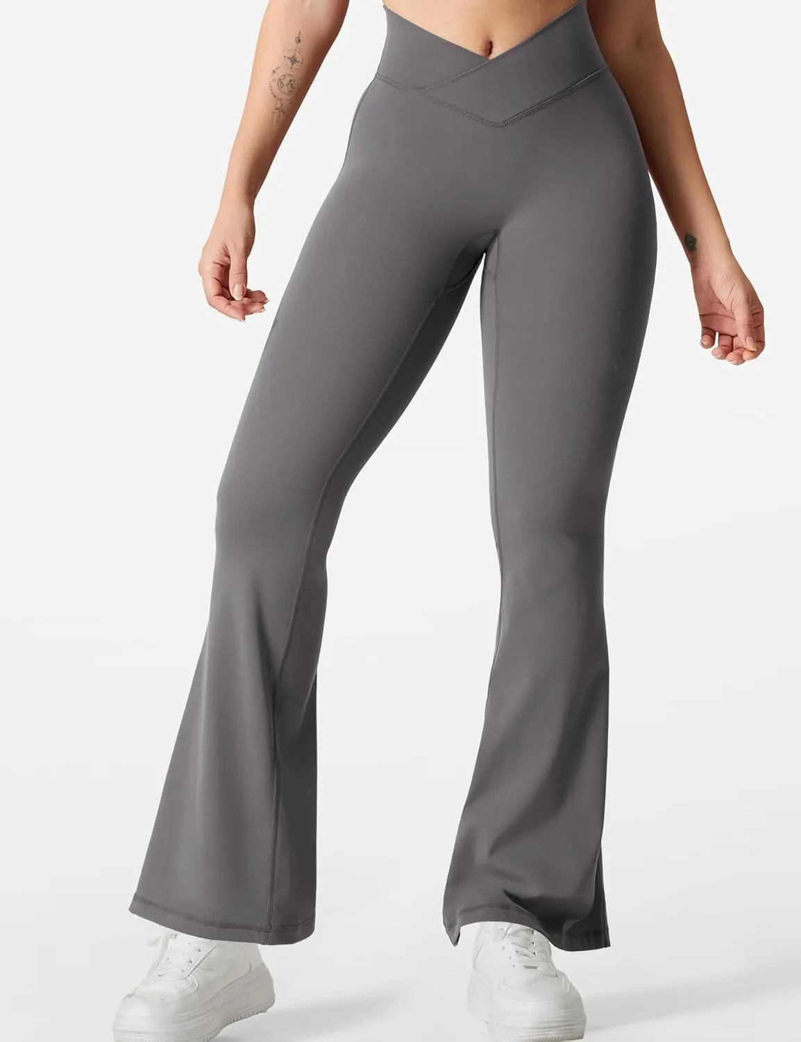 YEOREO Kalie Flare Scrunch Leggings for Women V Cross Waist Bell Bottom Yoga Pants Tummy Control Bootcut Workout Leggings