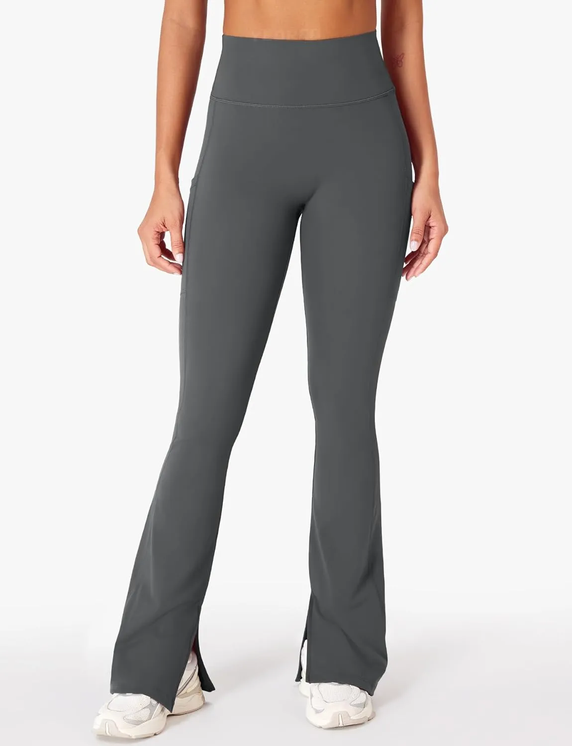YEOREO Women Mini Flare Split Hem Leggings with Pockets Tummy Control Workout Leggings Anilnia Hidden Scrunch Gym Yoga Pants