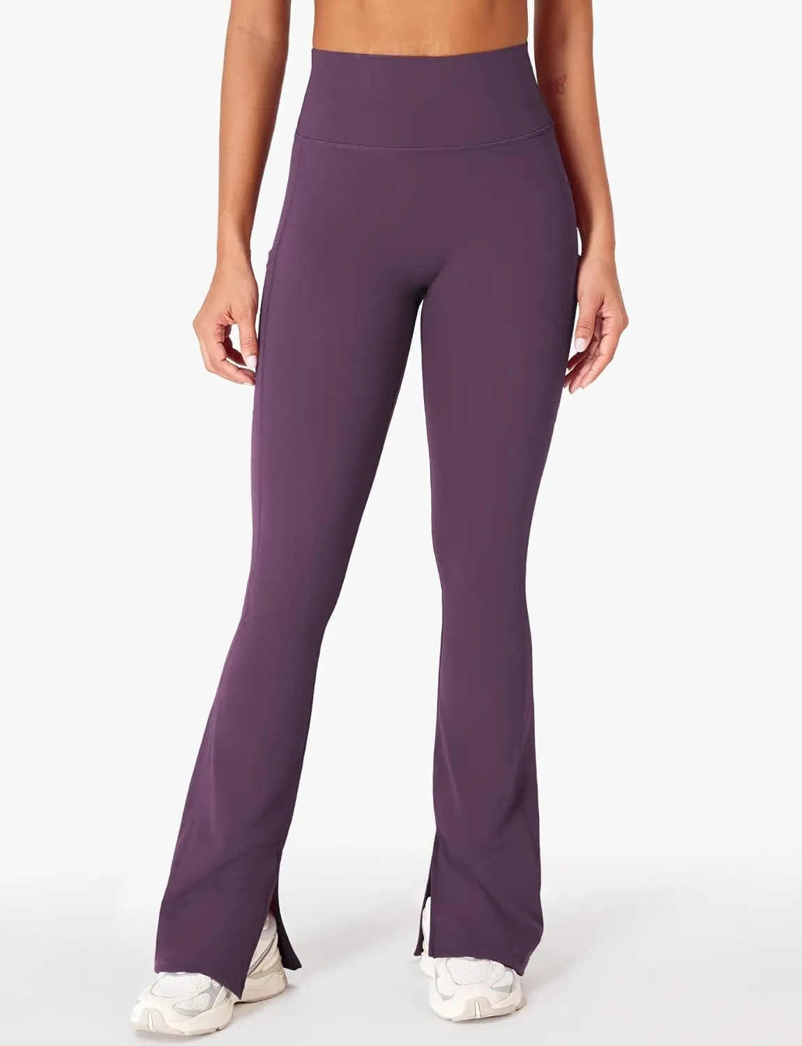 YEOREO Women Mini Flare Split Hem Leggings with Pockets Tummy Control Workout Leggings Anilnia Hidden Scrunch Gym Yoga Pants