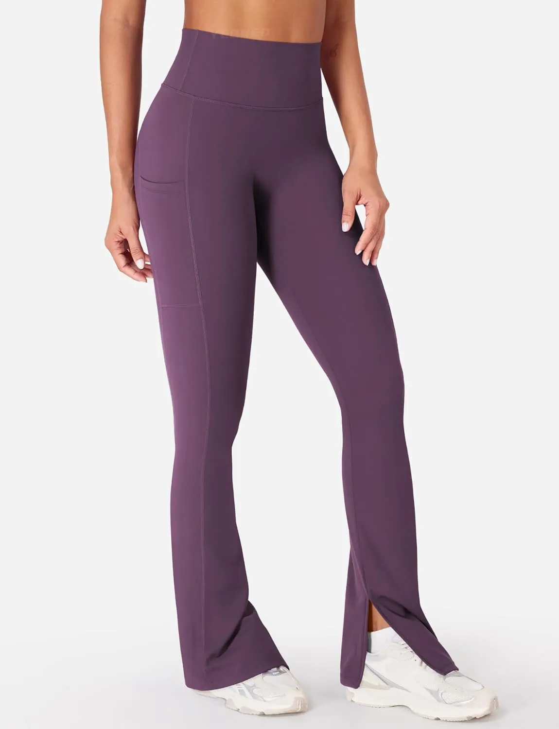 YEOREO Women Mini Flare Split Hem Leggings with Pockets Tummy Control Workout Leggings Anilnia Hidden Scrunch Gym Yoga Pants