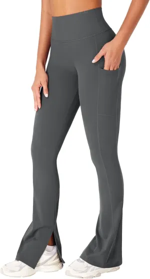 YEOREO Women Mini Flare Split Hem Leggings with Pockets Tummy Control Workout Leggings Anilnia Hidden Scrunch Gym Yoga Pants