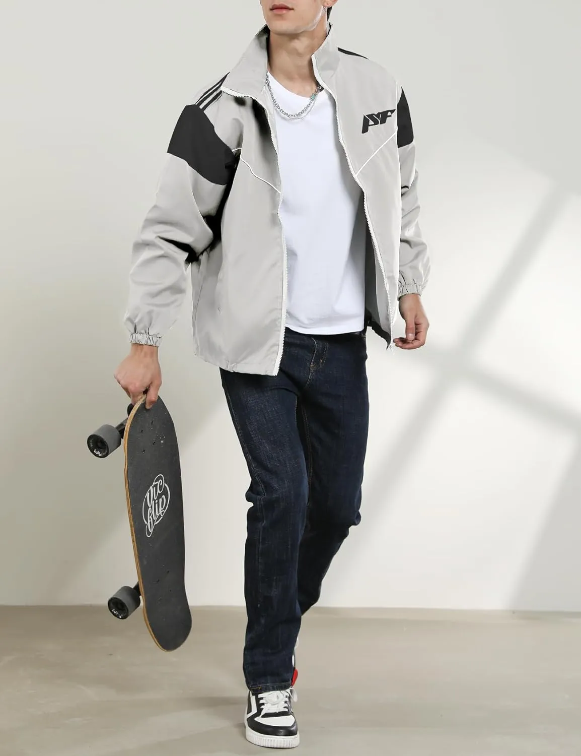 Yimoon Men's Lightweight Windbreaker Jacket Casual Zip Up Outdoor Varsity Jacket Patchwork Vintage Y2K Outerwear