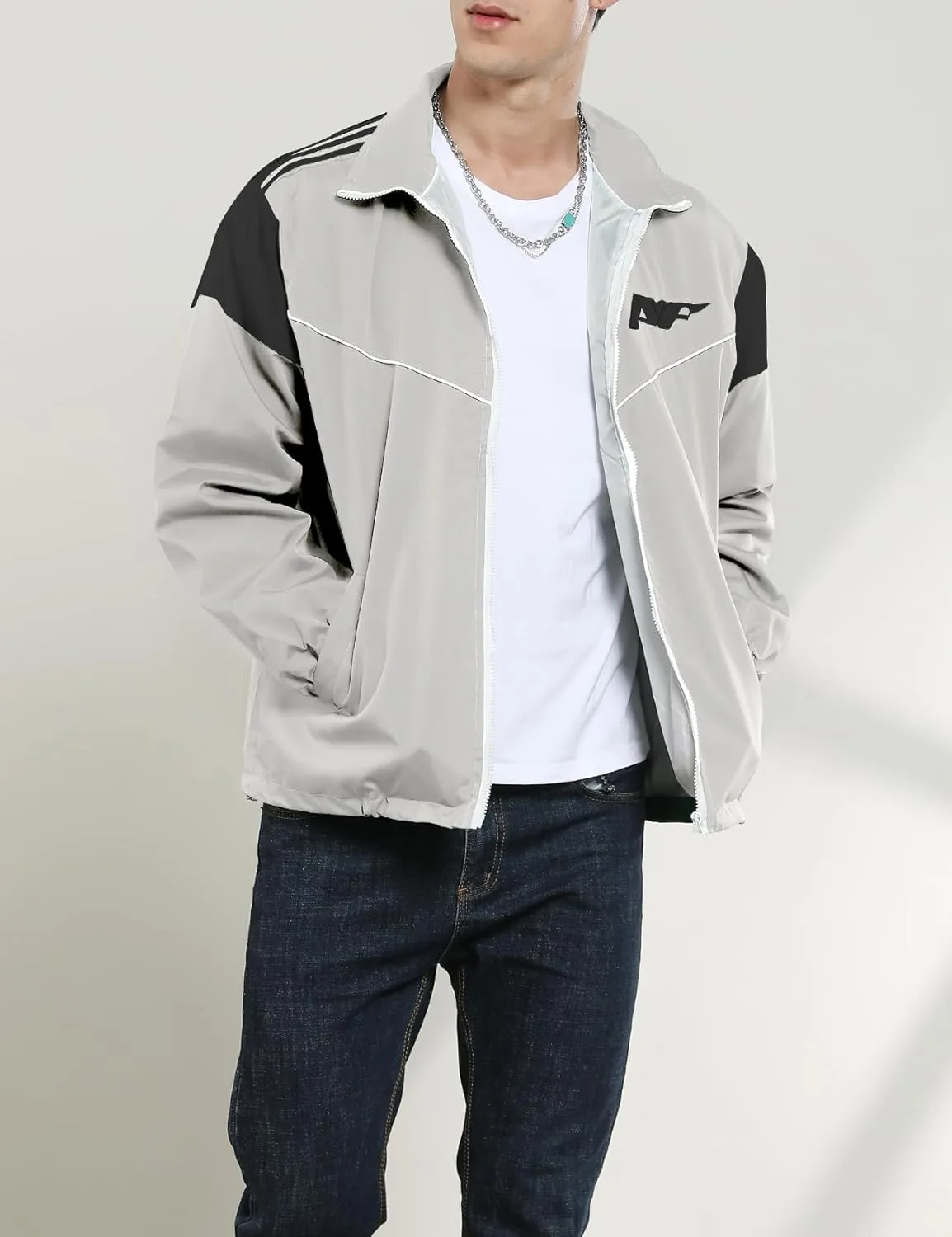 Yimoon Men's Lightweight Windbreaker Jacket Casual Zip Up Outdoor Varsity Jacket Patchwork Vintage Y2K Outerwear