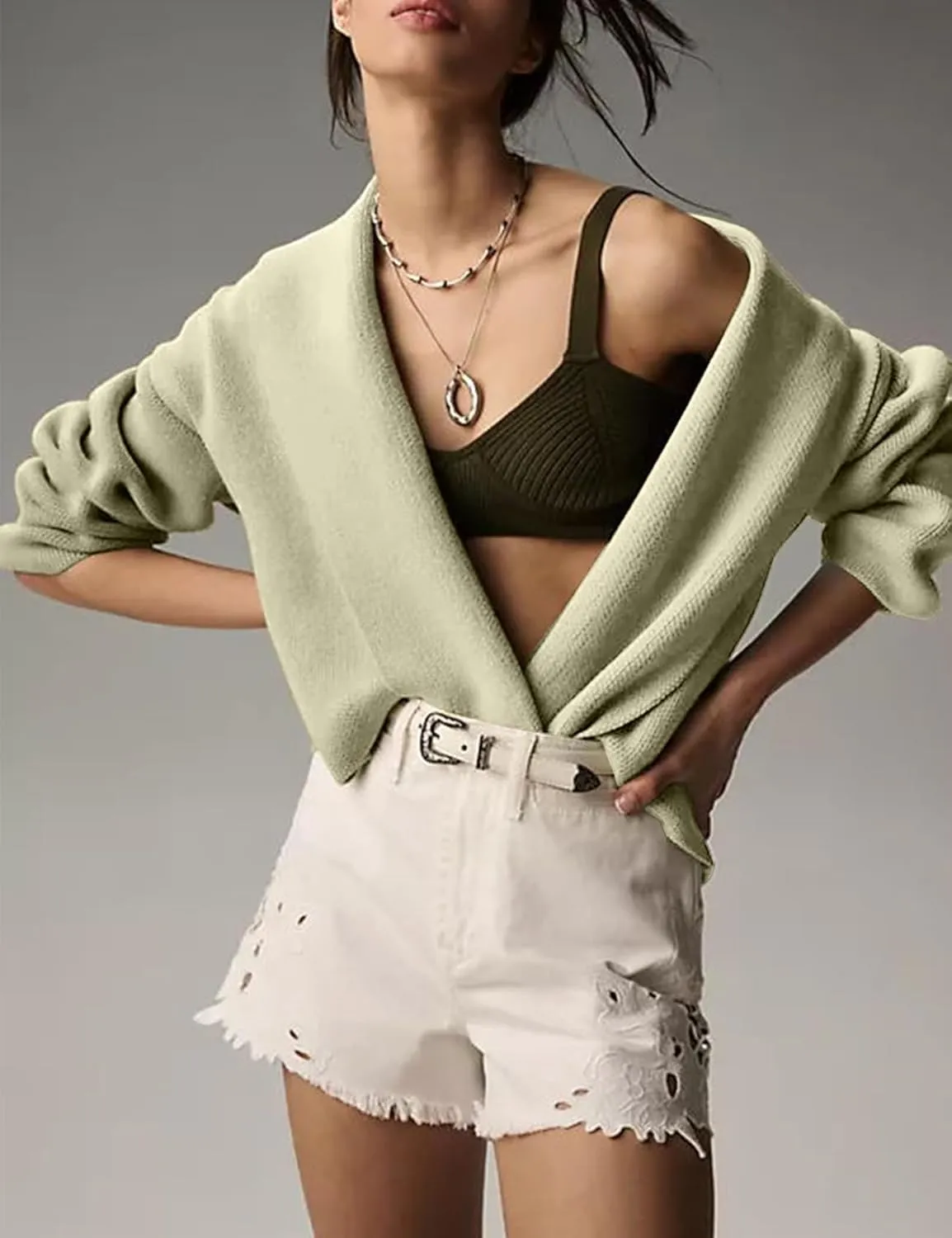 Yimoon Women's Cropped Cardigan Sweater Oversized Lapel Chunky Knit Coatigan Long Sleeve Open Front Sweater