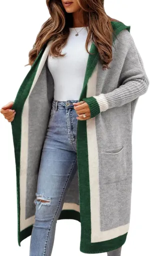 Yimoon Womens Long Cardigan Sweater Color Block Open Front Hooded Cardigan Oversized Knit Sweater Outwear(Grey-M)