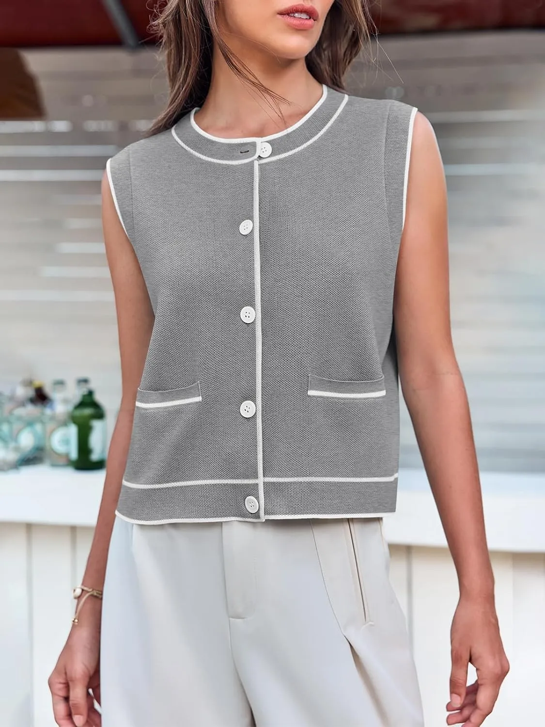 Yousify Womens Knit Tank Tops 2025 Summer Sleeveless Sweater Vest Round Neck Button Down Casual Cardigan with Pockets