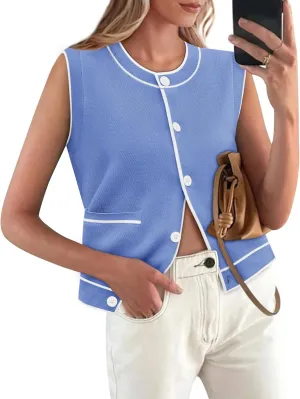 Yousify Womens Knit Tank Tops 2025 Summer Sleeveless Sweater Vest Round Neck Button Down Casual Cardigan with Pockets