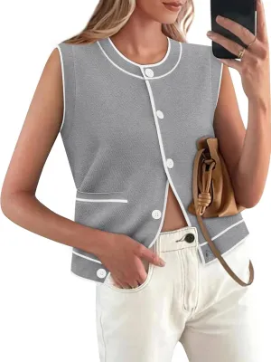 Yousify Womens Knit Tank Tops 2025 Summer Sleeveless Sweater Vest Round Neck Button Down Casual Cardigan with Pockets