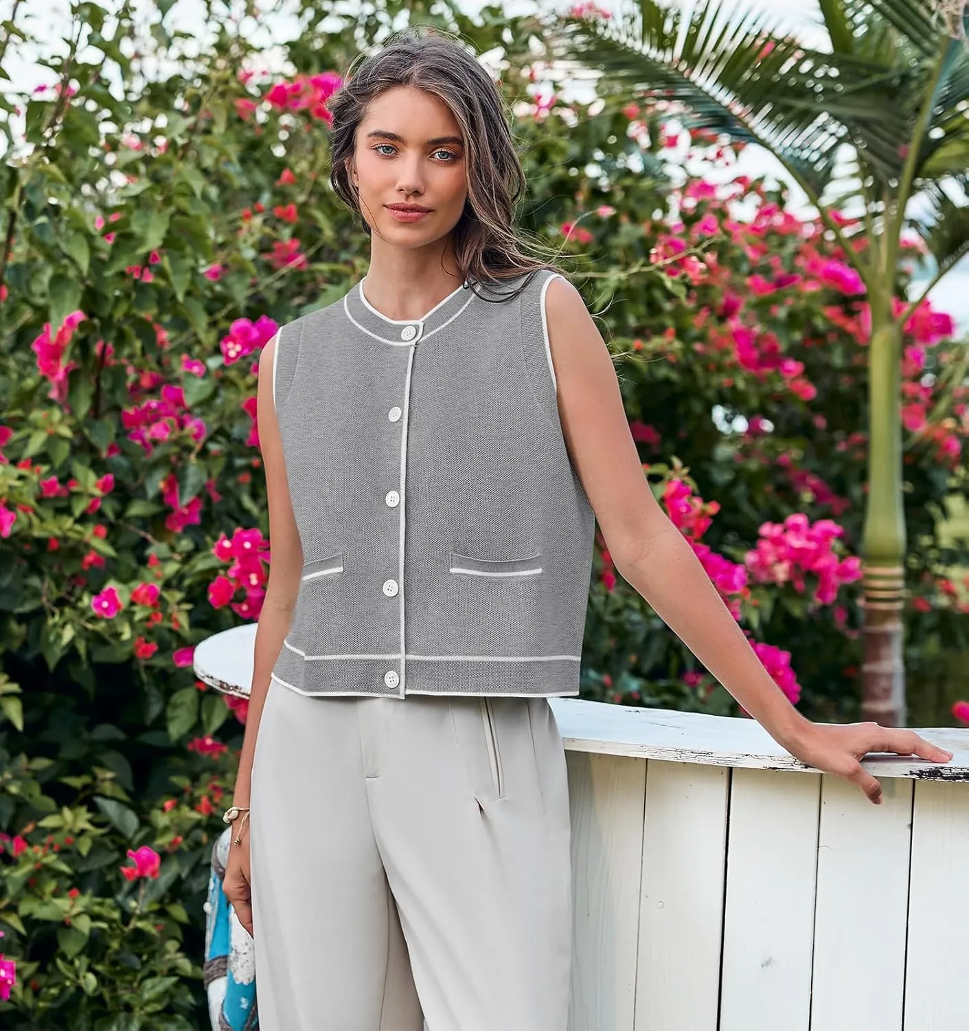 Yousify Womens Knit Tank Tops 2025 Summer Sleeveless Sweater Vest Round Neck Button Down Casual Cardigan with Pockets