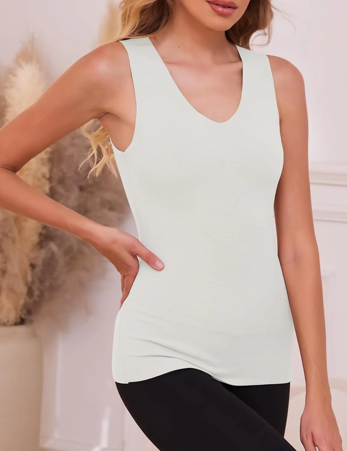 YYA V Neck Basic Tank Tops for Women Thermal Vest Winter Warm Tank-Top Sleeveless Undershirts, S-XXL