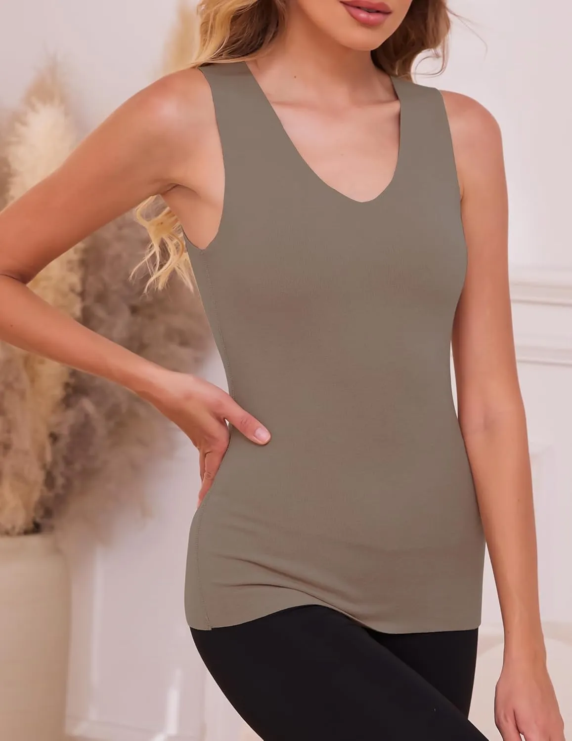YYA V Neck Basic Tank Tops for Women Thermal Vest Winter Warm Tank-Top Sleeveless Undershirts, S-XXL