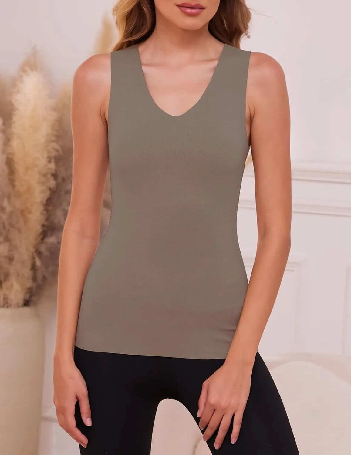 YYA V Neck Basic Tank Tops for Women Thermal Vest Winter Warm Tank-Top Sleeveless Undershirts, S-XXL