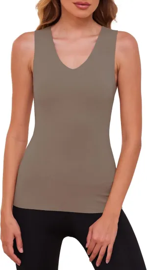 YYA V Neck Basic Tank Tops for Women Thermal Vest Winter Warm Tank-Top Sleeveless Undershirts, S-XXL
