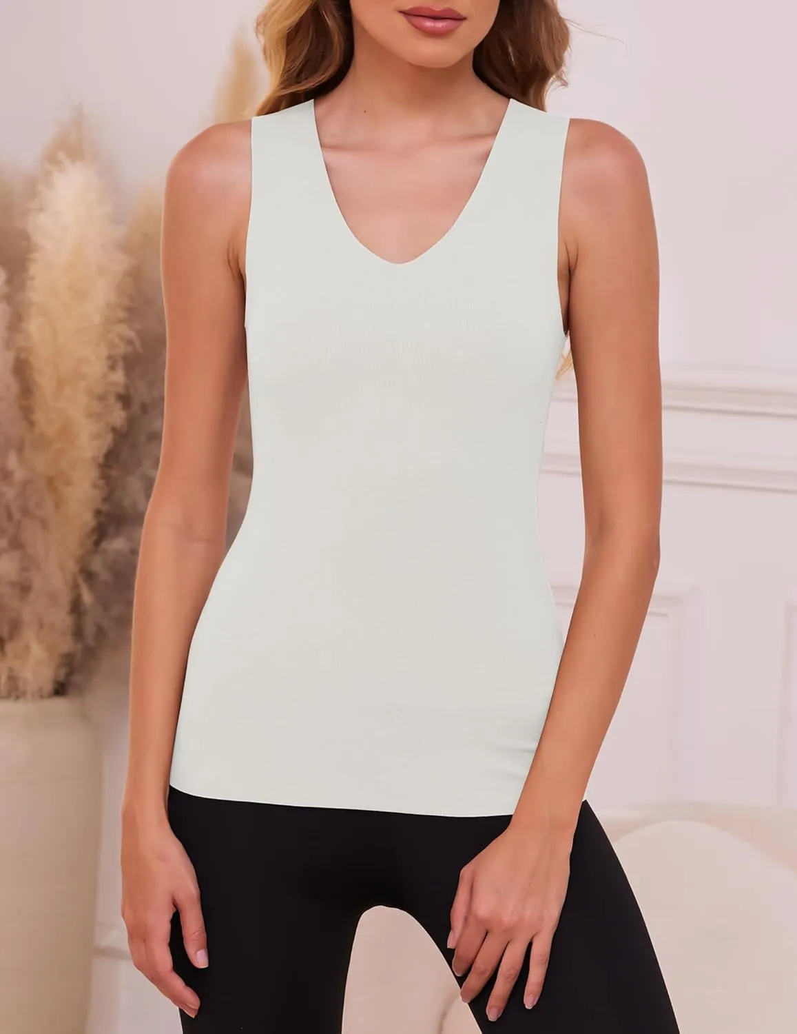 YYA V Neck Basic Tank Tops for Women Thermal Vest Winter Warm Tank-Top Sleeveless Undershirts, S-XXL