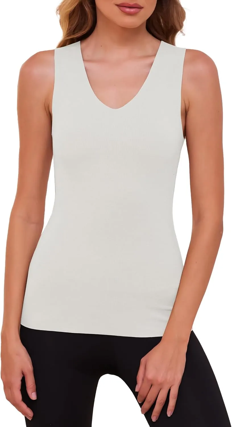YYA V Neck Basic Tank Tops for Women Thermal Vest Winter Warm Tank-Top Sleeveless Undershirts, S-XXL